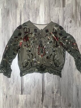 WORLD BOYA Silk Velvet Burnout Blouse Baroque Equestrian Crest Top US Medium